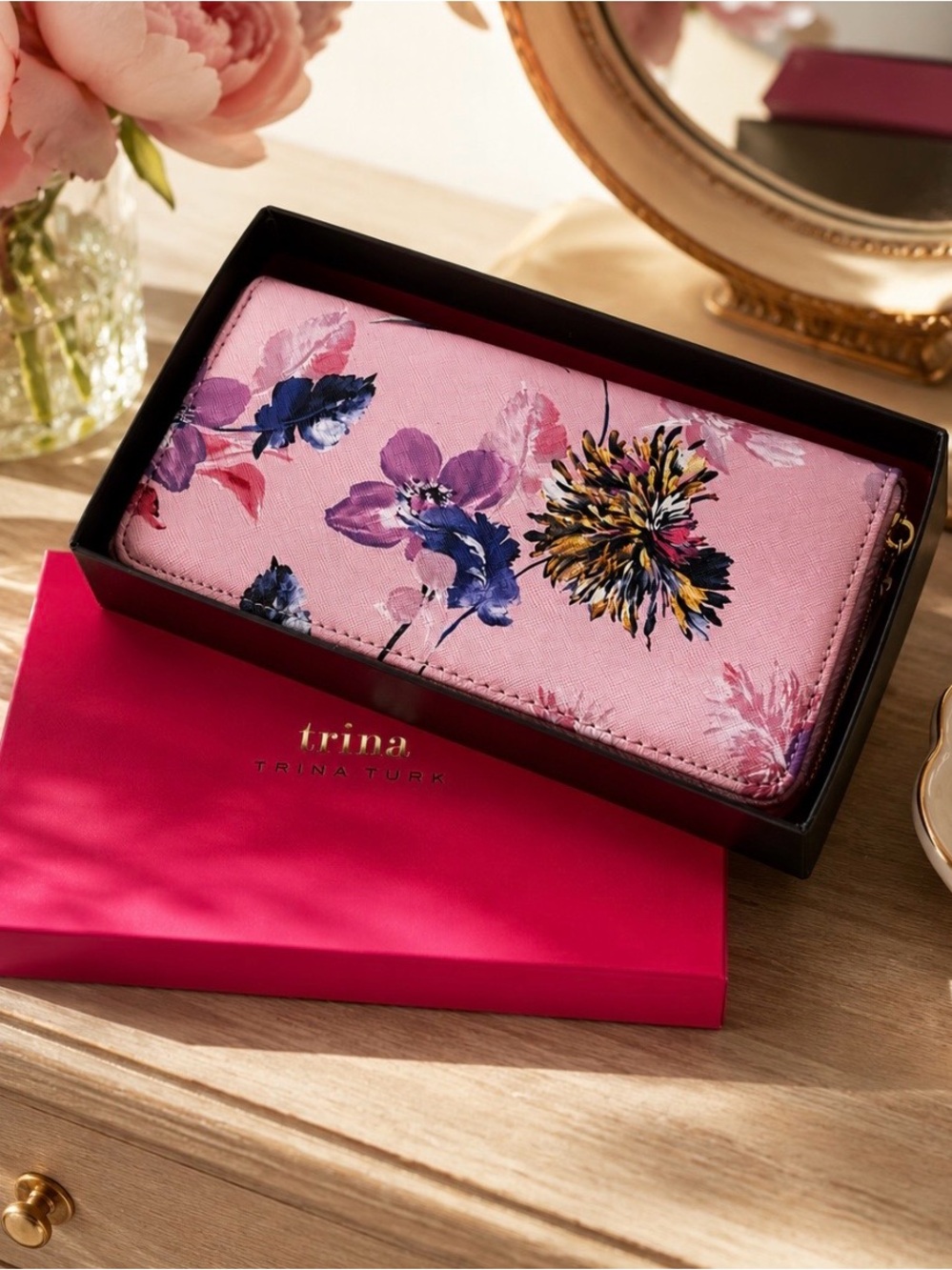 Trina Turk Floral Zip Around Long Wallet Pink Multicolor NWT Box Included